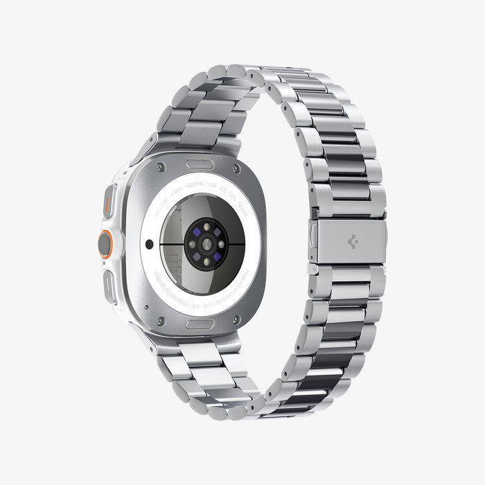 AMP08823 - Watch Ultra (47mm) Modern Fit 316L Band in Silver showing the back, partial inner side of the strap and bottom
