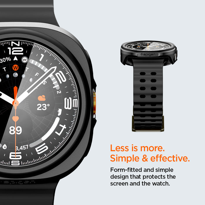 ACS11609 - Galaxy Watch Ultra Series Thin Fit 360 showing close-up of Galaxy Watch Ultra case dial and a side profile with its silicone band