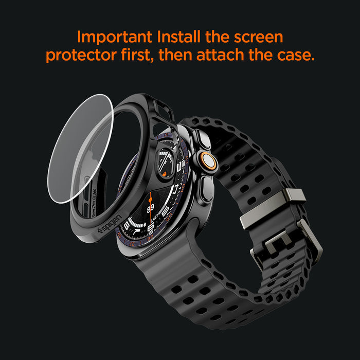 ACS11609 - Galaxy Watch Ultra Series Thin Fit 360 showing exploded view of Galaxy Watch Ultra case and glass protector installed before the case