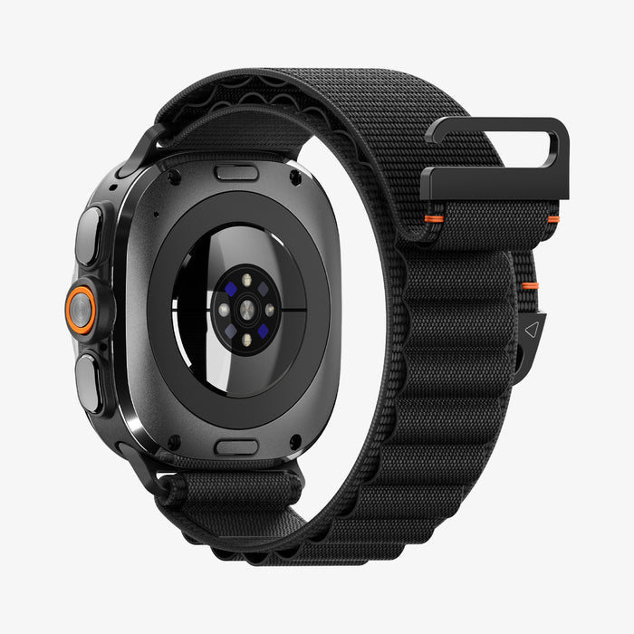 AMP11613 - Galaxy Watch Ultra Series - WBF1 showing the back view of the Galaxy Watch Ultra with the WBF1 band, angled view highlighting the sensor and hook closure tab.