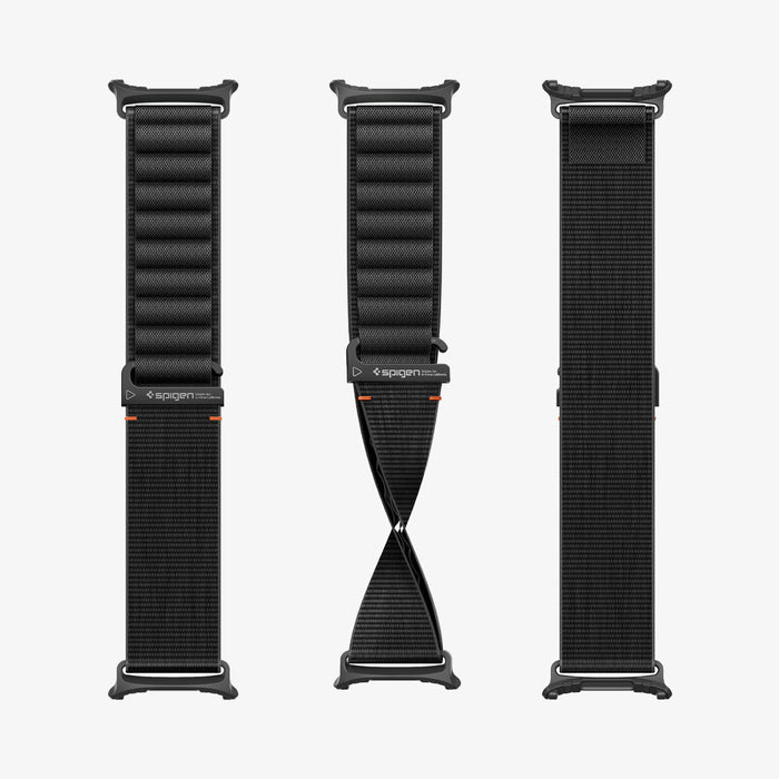 AMP11613 - Galaxy Watch Ultra Series - WBF1 showing three views of the WBF1 band alone, front, twisted, and back, highlighting the Spigen branding and hook closure.