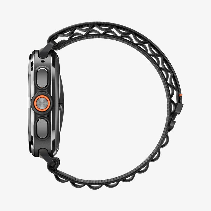 AMP11613 - Galaxy Watch Ultra Series - WBF1 showing the side profile of the Galaxy Watch Ultra with the WBF1 band's woven texture and orange accent stitching.