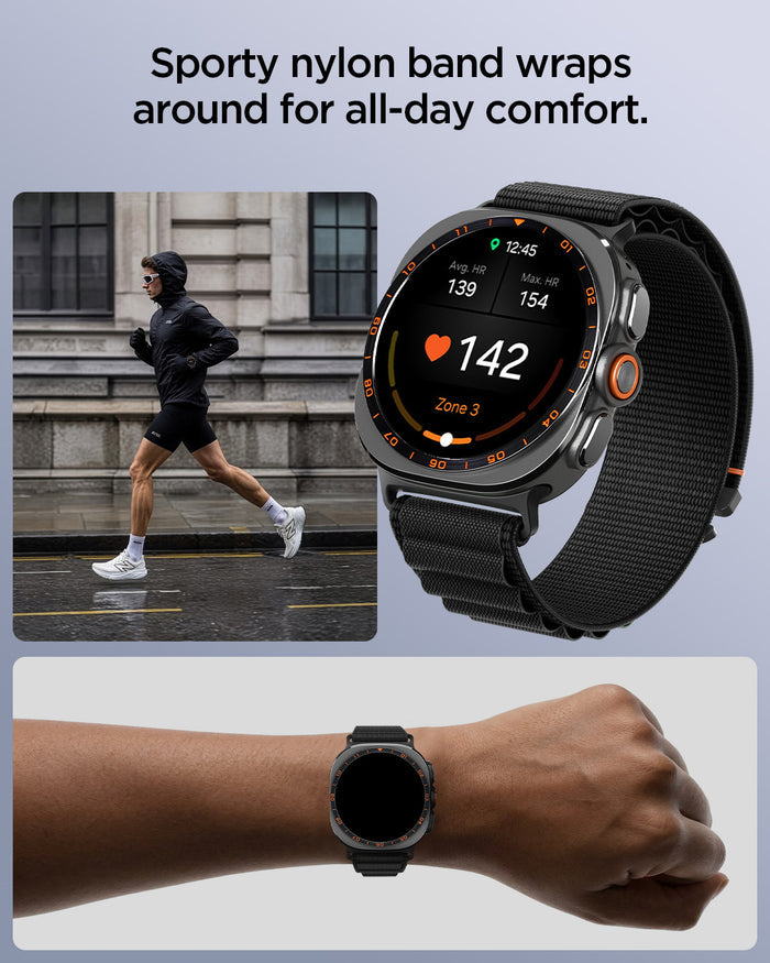 AMP11613 - Galaxy Watch Ultra Series - WBF1 showing the Galaxy Watch Ultra with the WBF1 band, lifestyle shots of a person running outdoors and a close-up of a heart rate reading on the watch face.