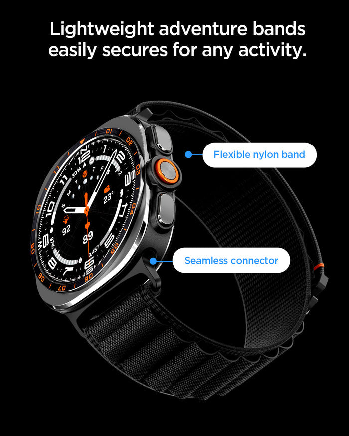 AMP11613 - Galaxy Watch Ultra Series - WBF1 showing a close-up angled view of the WBF1 band highlighting the flexible nylon material and seamless connector.