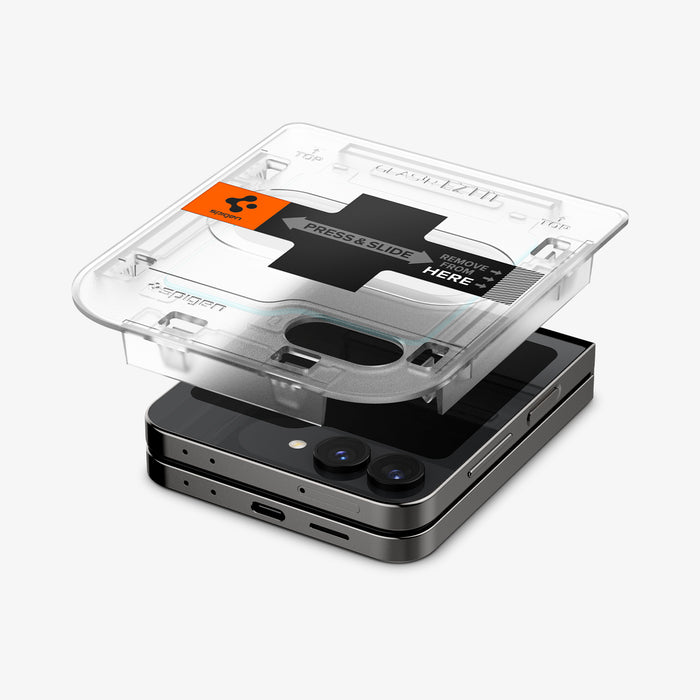 AGL07972 - Galaxy Z Flip 7 FE GLAS.tR EZ Fit  showing the alignment tray hovering above the device