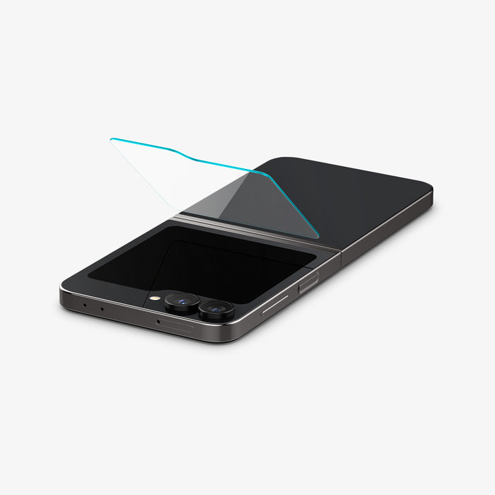 AGL07972 - Galaxy Z Flip 7 FE GLAS.tR EZ Fit showing the screen protector partially hovering in front of the back of the device