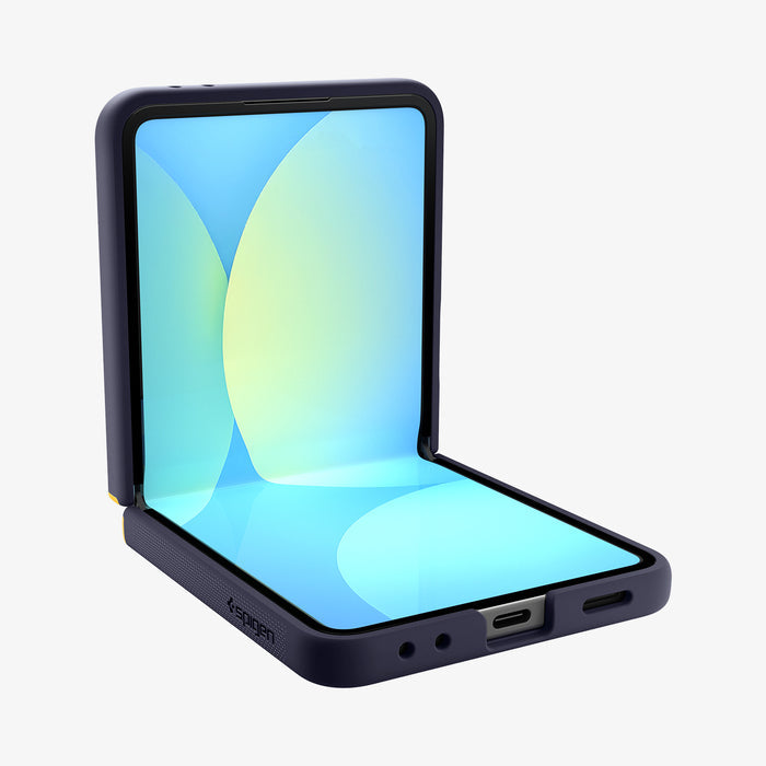 ACS09563 - Galaxy Z Flip 7 Case Nano Pop (MagFit) in blueberry navy showing the front, side and bottom with device half open