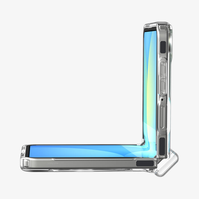ACS09559 - Galaxy Z Flip 7 Case Ultra Hybrid Pro (MagFit) in clear white showing the side and partial front with device half open