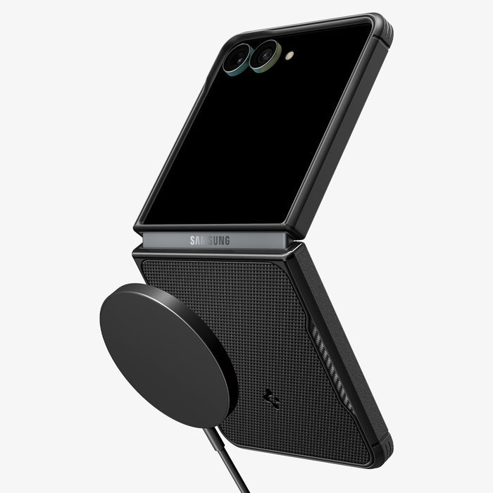 ACS11798 - Galaxy Z Flip 8 Series - Core Armor (Mag Fit) showing an angled view of the Galaxy Z Flip 8 with the Core Armor MagFit case, folded open with a MagSafe-style charging puck attached to the textured rear panel.