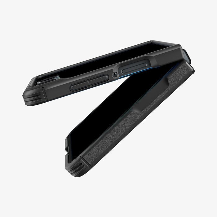 ACS11798 - Galaxy Z Flip 8 Series - Core Armor (Mag Fit) showing the Galaxy Z Flip 8 opened at an angle with the Core Armor MagFit case, top and bottom halves splayed apart to highlight the case's texture and hinge coverage.