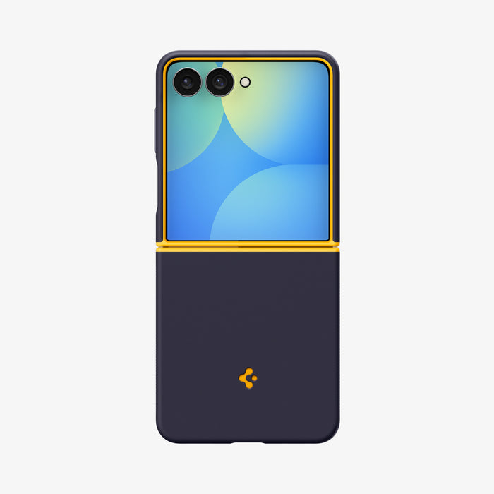 ACS11517 - Galaxy Z Flip 8 Nano Pop (Mag Fit) Blueberry Navy showing the NanoPop MagFit case on the Galaxy Z Flip 8 in Blueberry Navy with a yellow inner trim, front view folded on white background.
