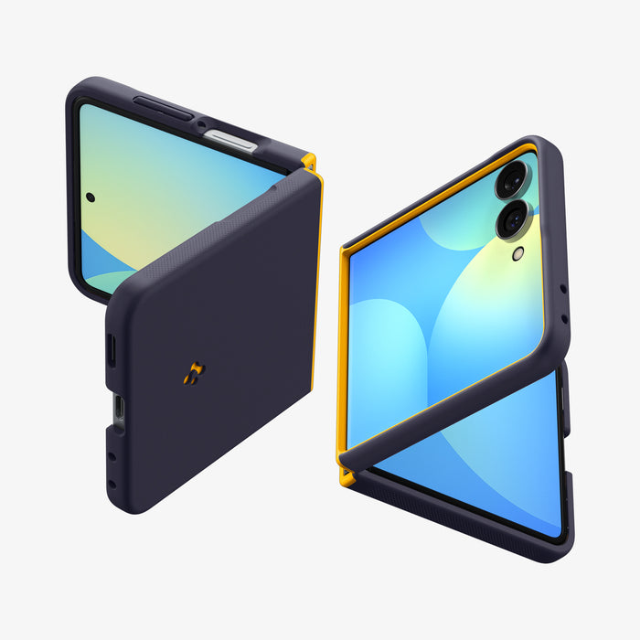 ACS11517 - Galaxy Z Flip 8 Nano Pop (Mag Fit) Blueberry Navy showing two angled views of the Galaxy Z Flip 8 with the NanoPop MagFit case, opened and closed, highlighting the yellow trim along the edges and the Spigen logo.