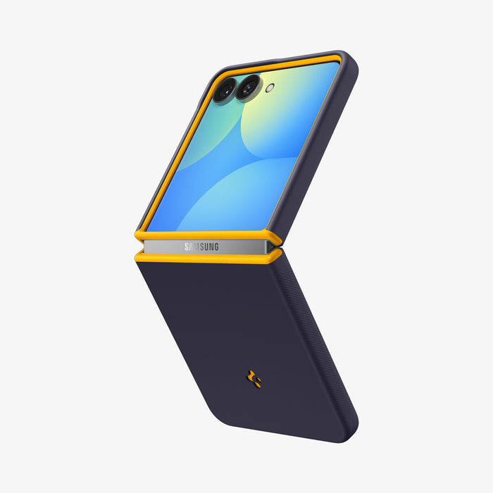 ACS11517 - Galaxy Z Flip 8 Nano Pop (Mag Fit) Blueberry Navy showing an angled view of the Galaxy Z Flip 8 with the NanoPop MagFit case, folded open with the "SAMSUNG" text visible on the yellow hinge bar.