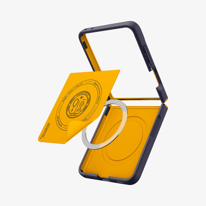 ACS11517 - Galaxy Z Flip 8 Nano Pop (Mag Fit) Blueberry Navy showing an angled close-up of the case's interior with a yellow magnet alignment sheet lifted, patent labeling, and the "Air Cushion Technology" text visible.