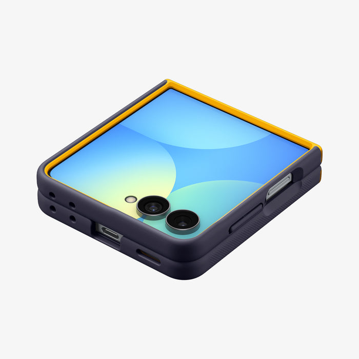 ACS11517 - Galaxy Z Flip 8 Nano Pop (Mag Fit) Blueberry Navy showing an angled top-down view of the Galaxy Z Flip 8 with the NanoPop MagFit case, camera cutout visible with the yellow trim.