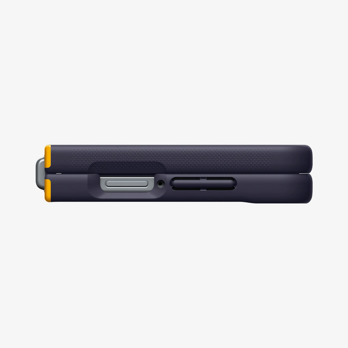 ACS11517 - Galaxy Z Flip 8 Nano Pop (Mag Fit) Blueberry Navy showing the side profile of the Galaxy Z Flip 8 with the NanoPop MagFit case, highlighting the yellow trim and button cutouts.