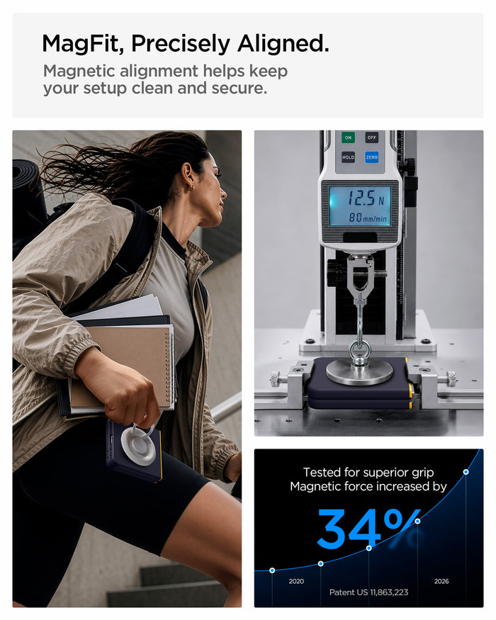 ACS11517 - Galaxy Z Flip 8 Nano Pop (Mag Fit) Blueberry Navy showing the "MagFit, Precisely Aligned" graphic, with a lifestyle photo of a person holding the phone with an attached accessory, alongside a lab image measuring magnetic force at 12.5N