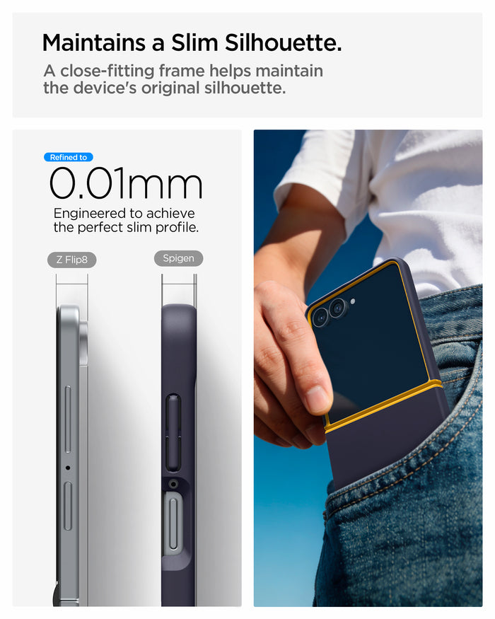 ACS11517 - Galaxy Z Flip 8 Nano Pop (Mag Fit) Blueberry Navy showing the "Maintains a Slim Silhouette" graphic, comparing the side profile thickness of the bare Z Flip8 and the Spigen-cased version at 0.01mm difference,
