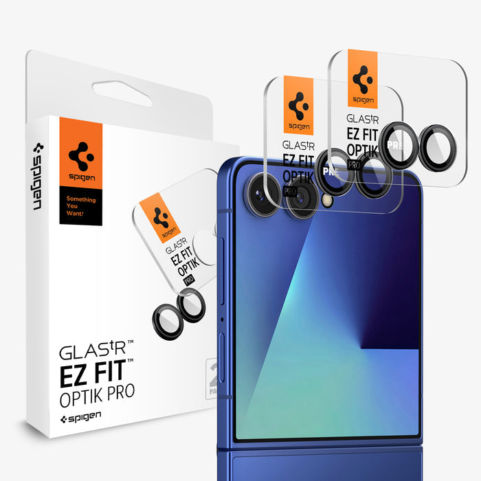 AGL09584 - Galaxy Z Flip 8 Series - Optik Pro EZ Fit showing the GLAS.tR EZ Fit Optik Pro 2-pack retail box alongside the camera lens protectors and the Galaxy Z Flip 8 in Blue.