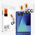 AGL09584 - Galaxy Z Flip 8 Series - Optik Pro EZ Fit showing the GLAS.tR EZ Fit Optik Pro 2-pack retail box alongside the camera lens protectors and the Galaxy Z Flip 8 in Blue.