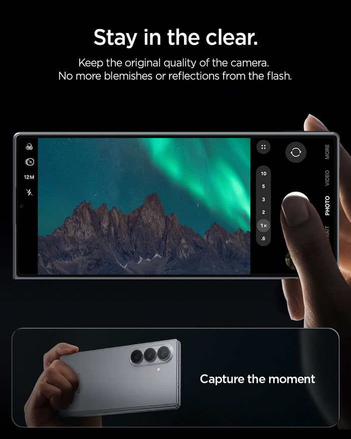 AGL09584 - Galaxy Z Flip 8 Series - Optik Pro EZ Fit showing a photo taken with the Galaxy Z Flip 8's camera showing a clear aurora and mountain landscape