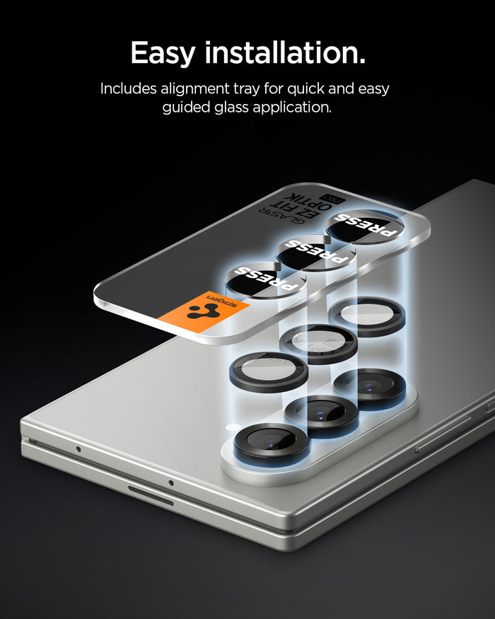 AGL09584 - Galaxy Z Flip 8 Series - Optik Pro EZ Fit showing an exploded diagram of the lens caps aligning onto the Galaxy Z Flip 8's triple camera