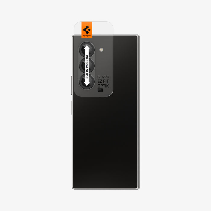AGL07970 - Galaxy Z Fold 6 Optik Pro EZ Fit Lens Protector in Black showing the front of the installation tray with the lens screen protector attached to the camera lens at the back of the device