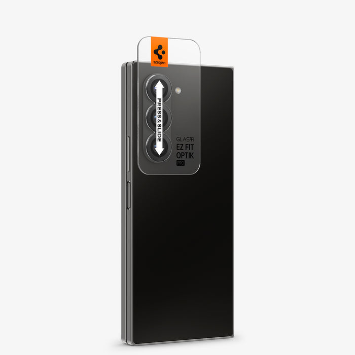 AGL07970 - Galaxy Z Fold 6 Optik Pro EZ Fit Lens Protector in Black showing the installation tray attached to the camera of the device also showing side