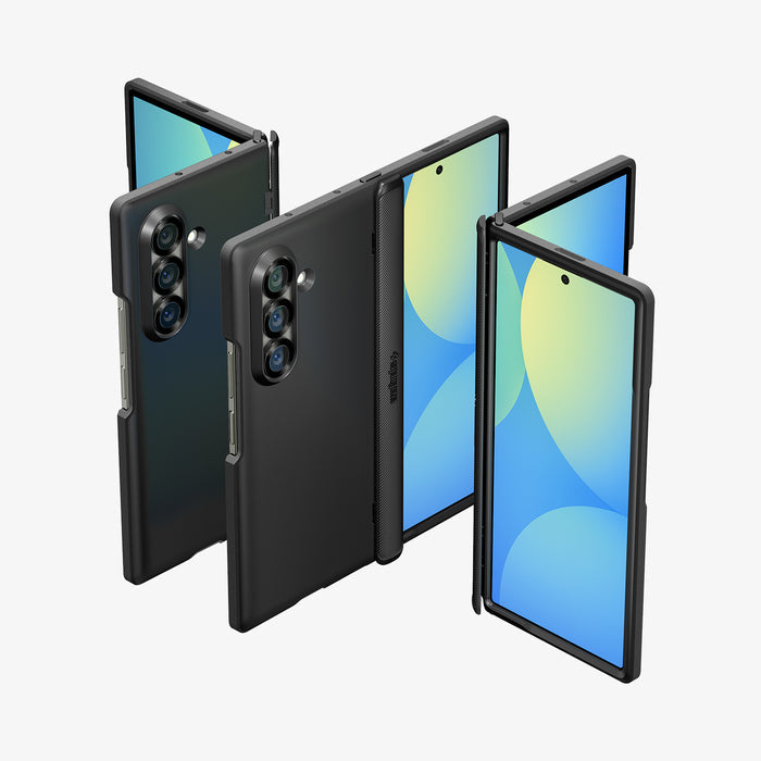 ACS09551 - Galaxy Z Fold 7 - Slim Armor Pro (MagFit) in black showing the front, partial front, back, partial back and hinge of 3 devices aligned with each other