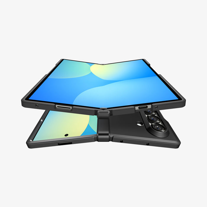 ACS09549 - Galaxy Z Fold 7 Tough Armor Pro (MagFit) in black showing the front, and bottom, hovering above the partially front, back and top of another device