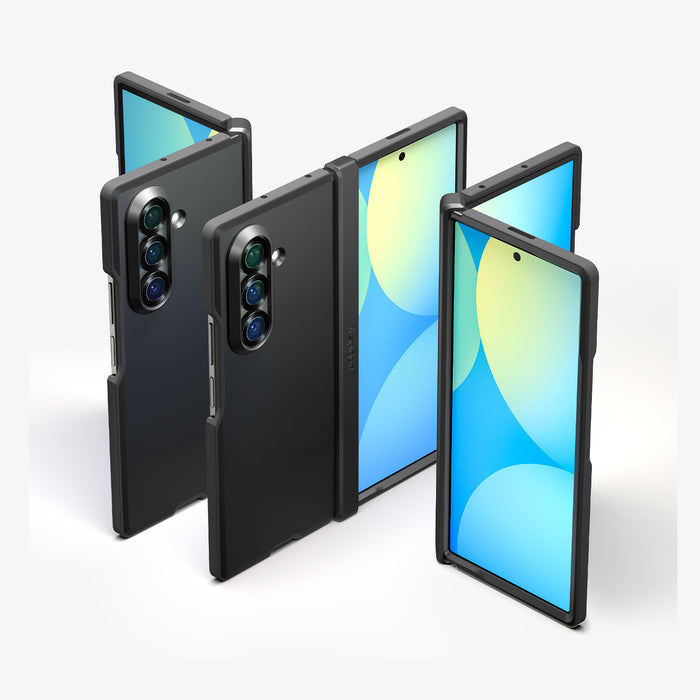 ACS09549 - Galaxy Z Fold 7 Tough Armor Pro (MagFit) in black showing the front, partial front, back, partial back and hinge of 3 devices aligned with each other