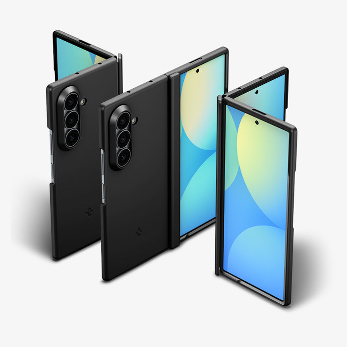 ACS11492 - Galaxy Z Fold 8 Ultra Air Fit Pro (Mag Fit) Black showing three Galaxy Z Fold 8 Ultra units with the Air Fit Pro MagFit case, folded closed, open at an angle, and folded flat, front and back views.