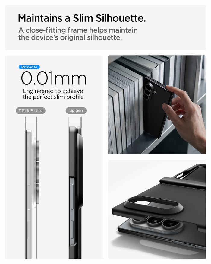 ACS11492 - Galaxy Z Fold 8 Ultra Air Fit Pro (Mag Fit) Black showing the "Maintains a Slim Silhouette" graphic, comparing the side profile thickness of the bare Galaxy Z Fold 8 Ultra and the Spigen-cased version at 0.01mm difference, alongside a lifestyle photo