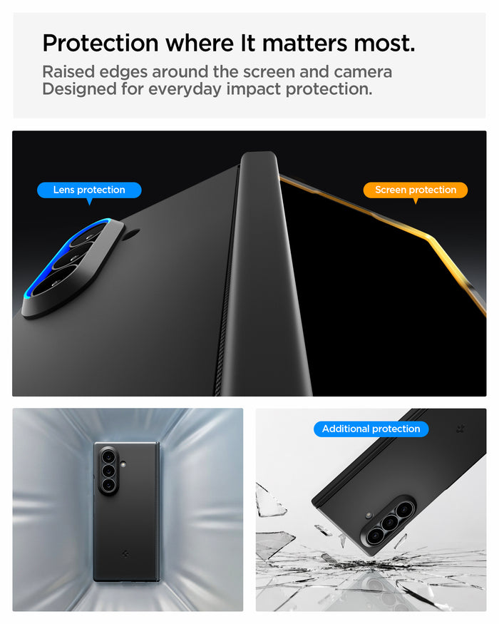 ACS11492 - Galaxy Z Fold 8 Ultra Air Fit Pro (Mag Fit) Black showing the "Protection where It matters most" graphic, highlighting raised screen and lens protection edges, alongside images of the case's shock-dispersing design and a phone falling near broken glass.
