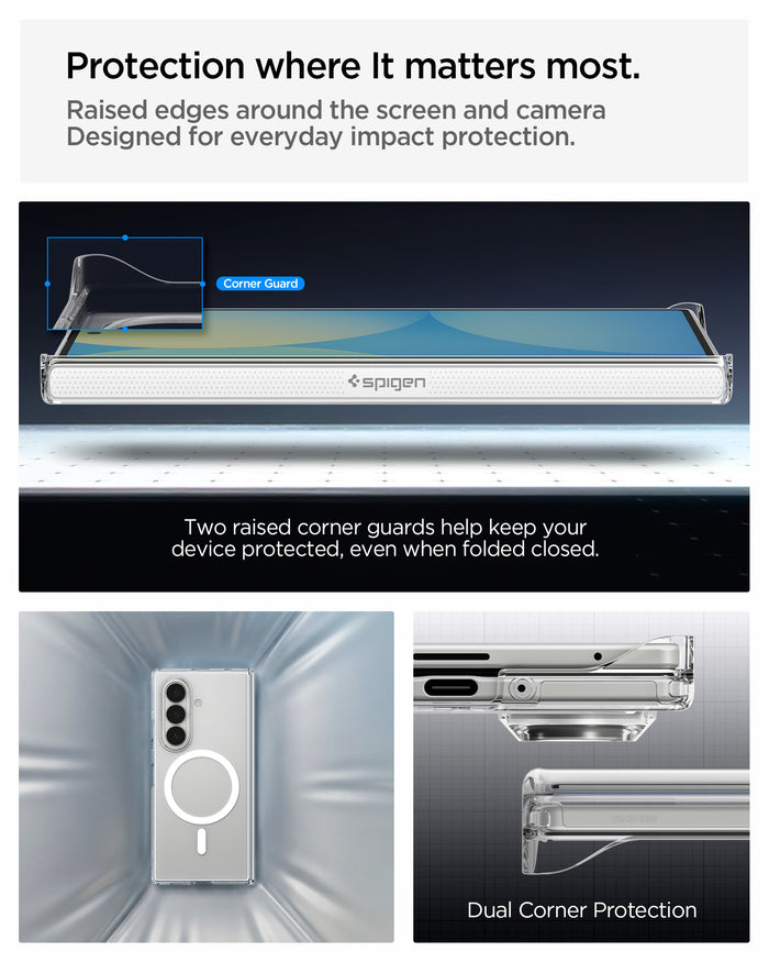 ACS11495 - Galaxy Z Fold 8 Ultra Air Skin Zero (Mag Fit) showing the "Protection where It matters most" graphic, highlighting the raised corner guard, alongside images of the case's shock-dispersing design and an exploded side view of the dual corner protection.