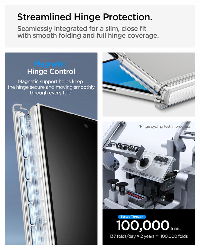 ACS11495 - Galaxy Z Fold 8 Ultra Air Skin Zero (Mag Fit) showing the "Streamlined Hinge Protection" graphic, illustrating magnetic hinge control with magnetic field visualization, a close-up of the hinge's corner opening