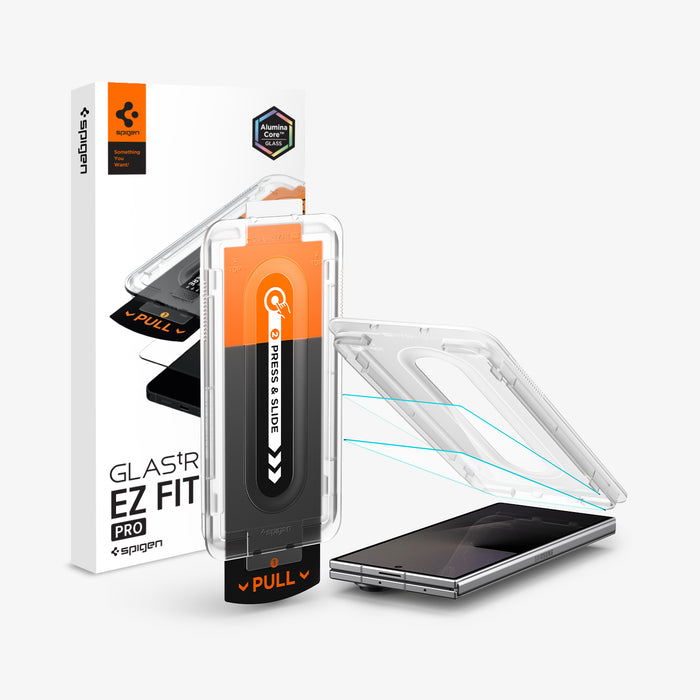 AGL09576 - Galaxy Z Fold 8 Ultra GLAS.tR EZ Fit Pro showing the GLAS.tR EZ Fit Pro retail box alongside the installation tray, the Alumina Core tempered glass, and the Galaxy Z Fold 8 Ultra with a privacy screen.