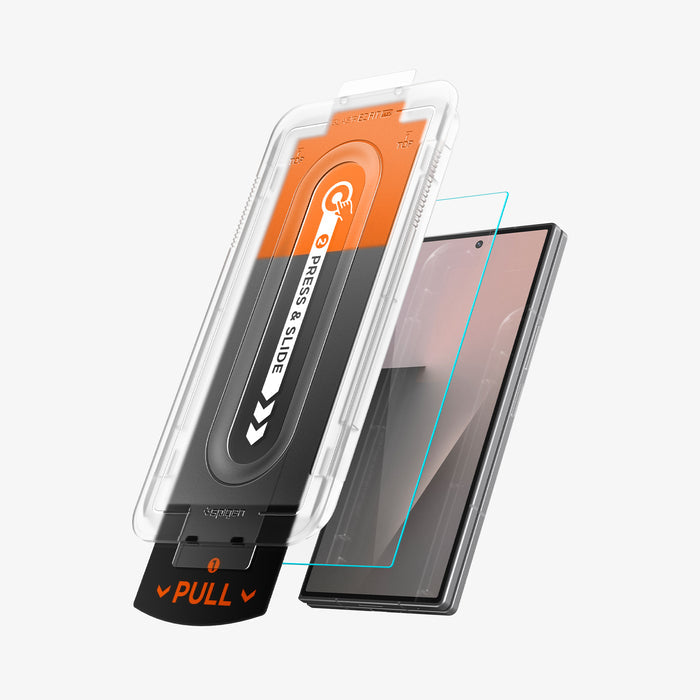 AGL09576 - Galaxy Z Fold 8 Ultra GLAS.tR EZ Fit Pro showing an exploded view of the EZ Fit Pro installation tray above the Galaxy Z Fold 8 Ultra, with the privacy glass aligned above the screen.