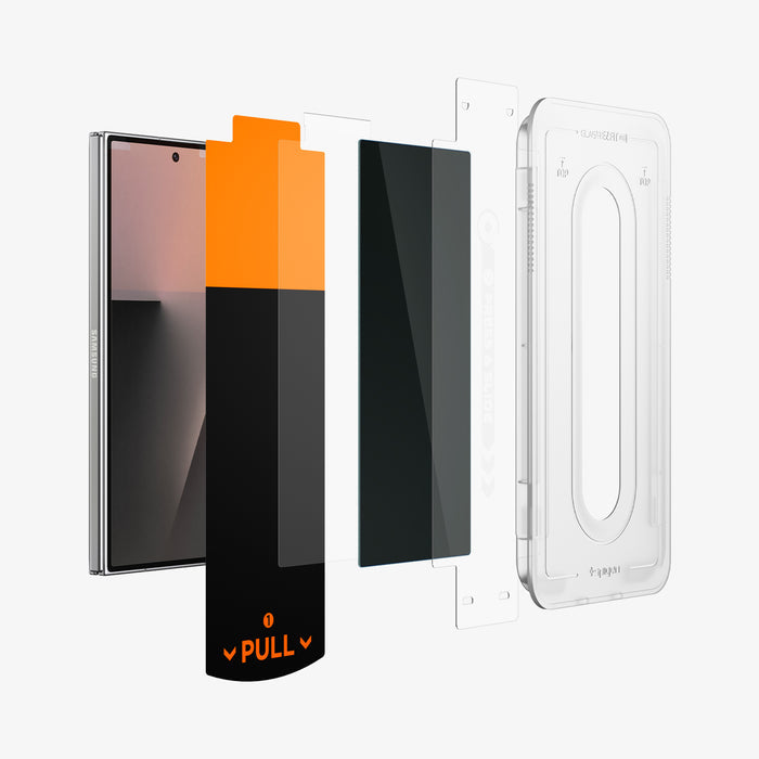 AGL09576 - Galaxy Z Fold 8 Ultra GLAS.tR EZ Fit Pro showing an exploded view of the Galaxy Z Fold 8 Ultra, the privacy glass layer, the release liner, and the installation tray with "PULL" and "PRESS & SLIDE" markings.