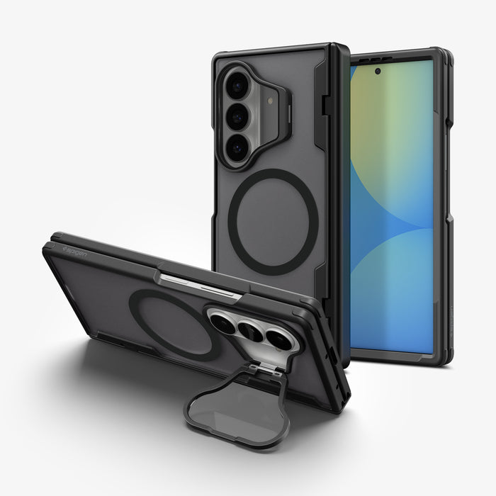 ACS11500 - Galaxy Z Fold 8 Series Optik Armor Pro (Mag Fit) showing Galaxy Z Fold 8 case back, front, and kickstand strap deployed, camera cutout and MagSafe ring