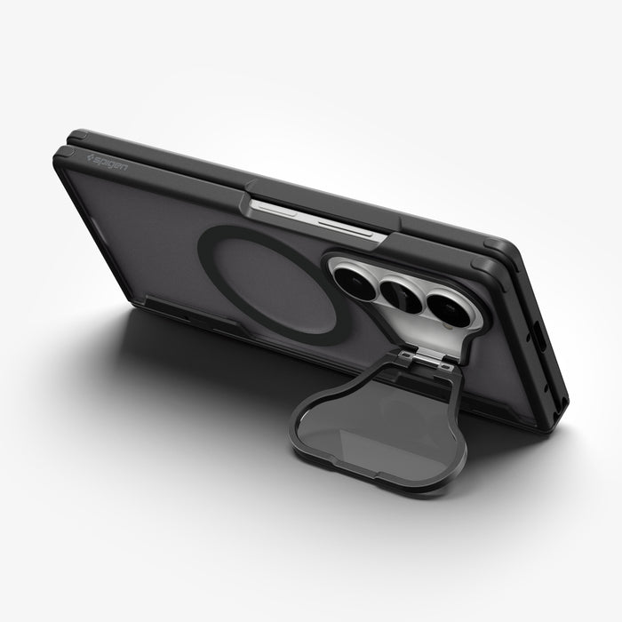 ACS11500 - Galaxy Z Fold 8 Series Optik Armor Pro (Mag Fit) showing Galaxy Z Fold 8 case propped up by kickstand strap, camera lenses, open hinge, and Spigen logo