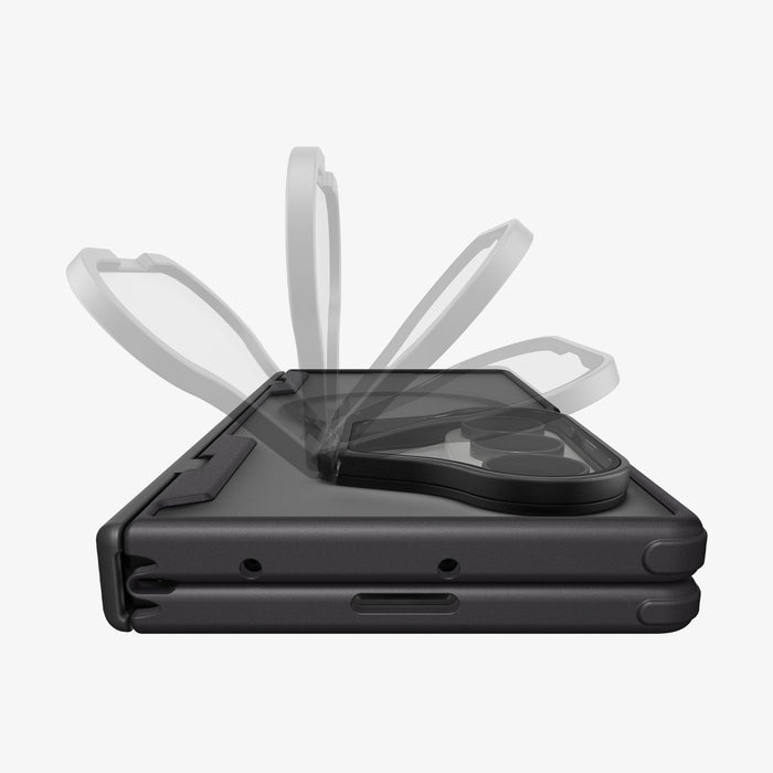 ACS11500 - Galaxy Z Fold 8 Series Optik Armor Pro (Mag Fit) showing Galaxy Z Fold 8 case kickstand strap flipping open in multiple positions above camera cutout