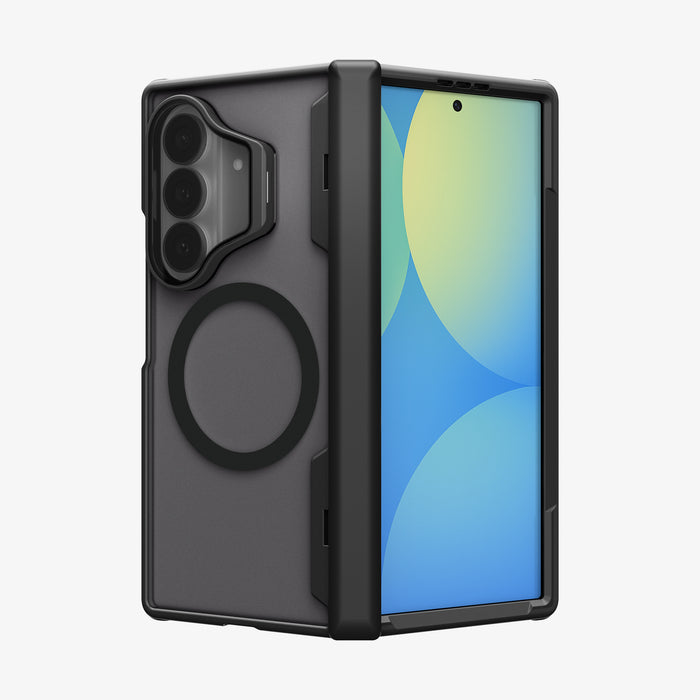 ACS11500 - Galaxy Z Fold 8 Series Optik Armor Pro (Mag Fit) showing Galaxy Z Fold 8 case angled with camera bump, MagSafe ring, front screen, and hinge spine