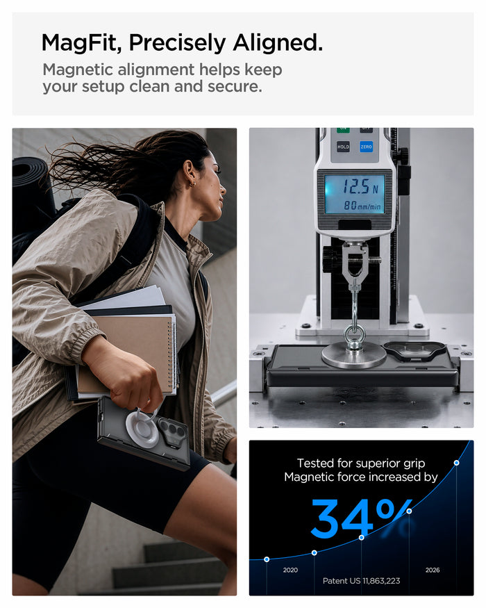 ACS11500 - Galaxy Z Fold 8 Series Optik Armor Pro (Mag Fit) showing MagFit alignment with woman carrying Galaxy Z Fold 8 case, force gauge test, and 34% grip increase chart