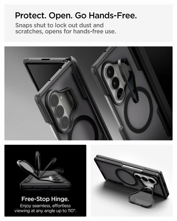 ACS11500 - Galaxy Z Fold 8 Series Optik Armor Pro (Mag Fit) showing Galaxy Z Fold 8 case hands-free hinge feature with camera close-ups, open hinge, and kickstand angle