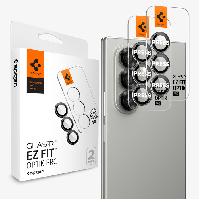 AGL09578 - Galaxy Z Fold 8 Ultra Optik Pro EZ Fit showing the GLAS.tR EZ Fit Optik Pro 2-pack retail box alongside the triple camera lens protectors and the Galaxy Z Fold 8 Ultra in Gray, with "PRESS" markings over each lens.