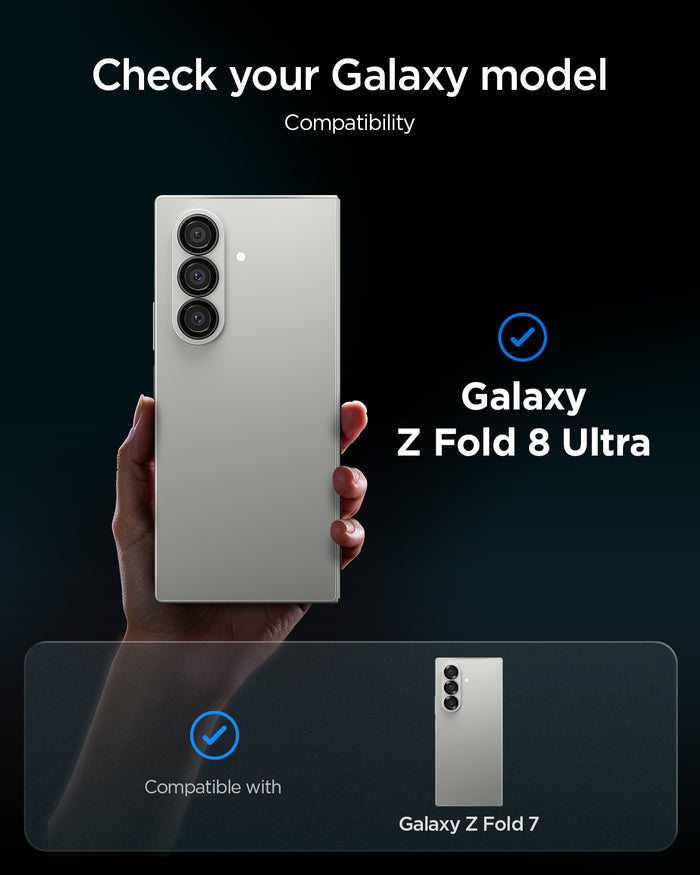 AGL09578 - Galaxy Z Fold 8 Ultra Optik Pro EZ Fit showing a compatibility chart confirming the lens protector fits the Galaxy Z Fold 8 Ultra and Galaxy Z Fold 7