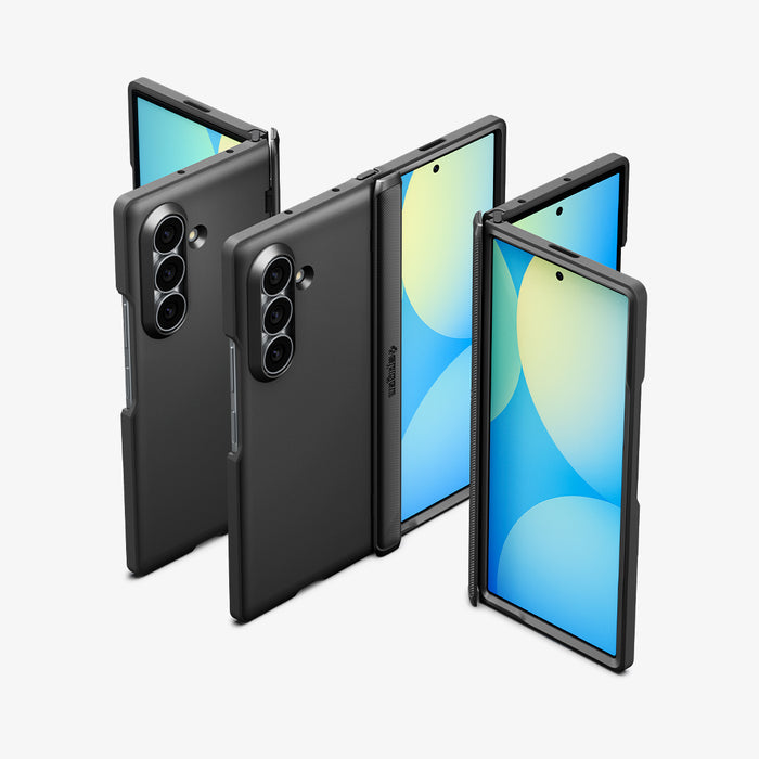 ACS11503 - Galaxy Z Fold 8 Ultra Slim Armor Pro (Mag Fit) Black showing three Galaxy Z Fold 8 Ultra cases open at different angles with camera cutouts and textured spines