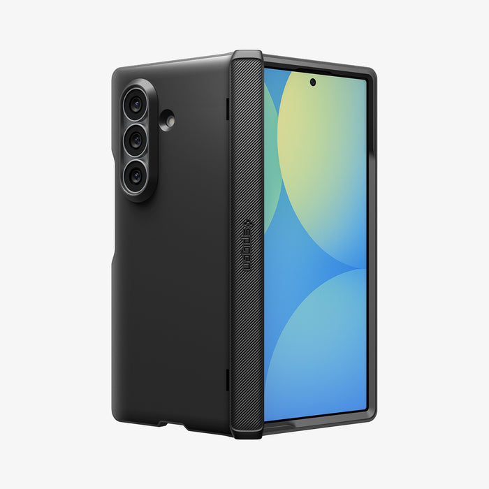 ACS11503 - Galaxy Z Fold 8 Ultra Slim Armor Pro (Mag Fit) Black showing Galaxy Z Fold 8 Ultra case angled with back camera cutout, front screen, and textured Spigen spine