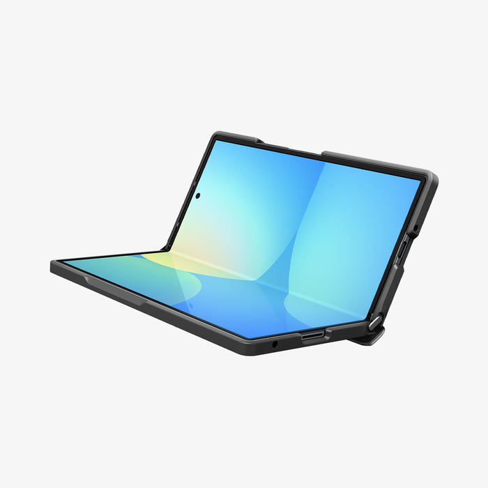ACS11503 - Galaxy Z Fold 8 Ultra Slim Armor Pro (Mag Fit) Black showing Galaxy Z Fold 8 Ultra case propped open like a laptop with screen visible at an angle